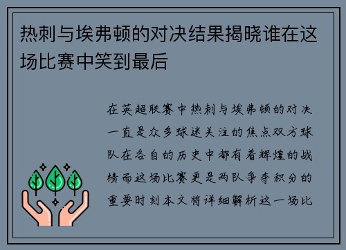 热刺与埃弗顿的对决结果揭晓谁在这场比赛中笑到最后